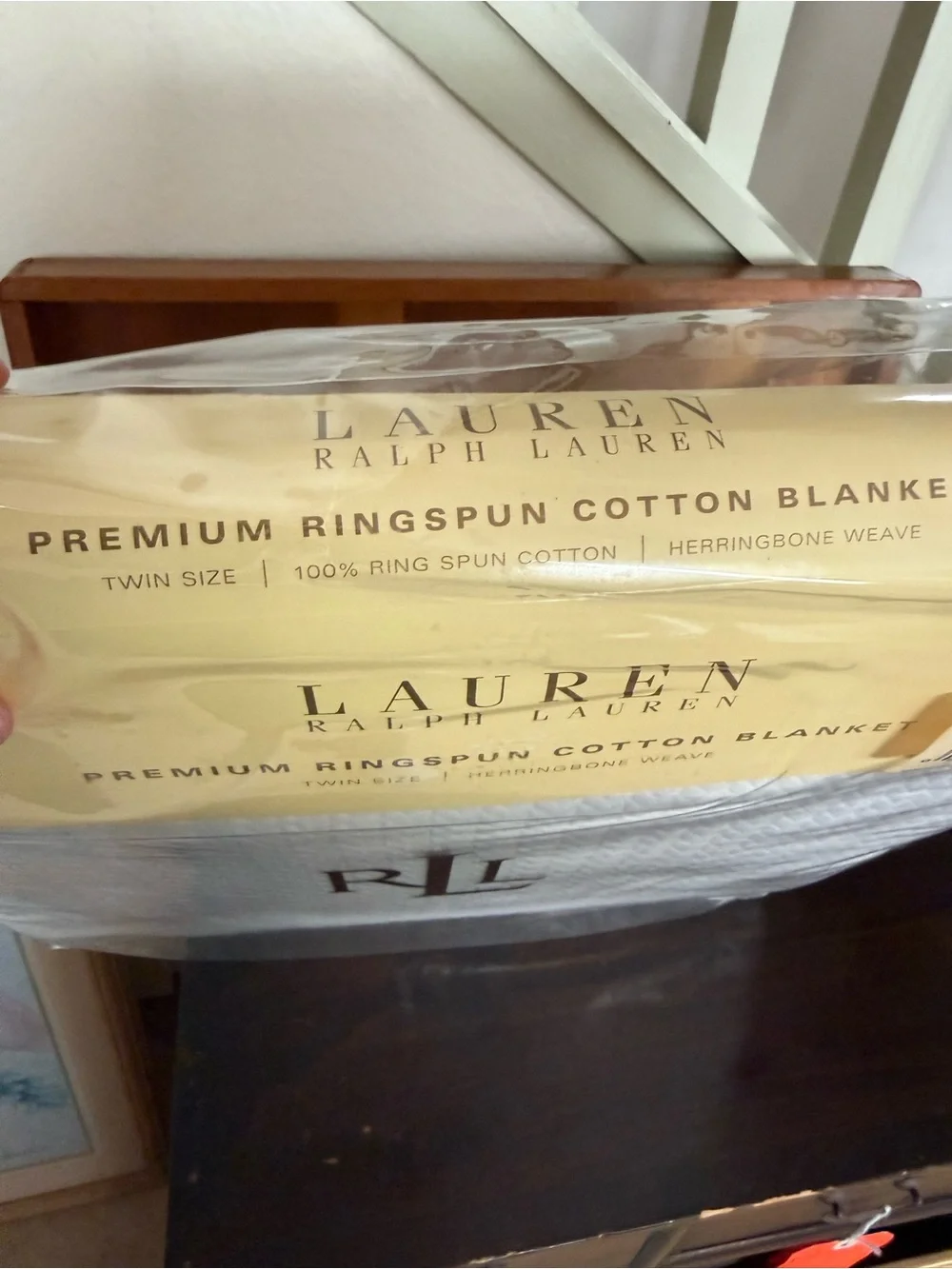 Ralph Lauren White Herringbone Cotton Blanket with Brown RLL Logo